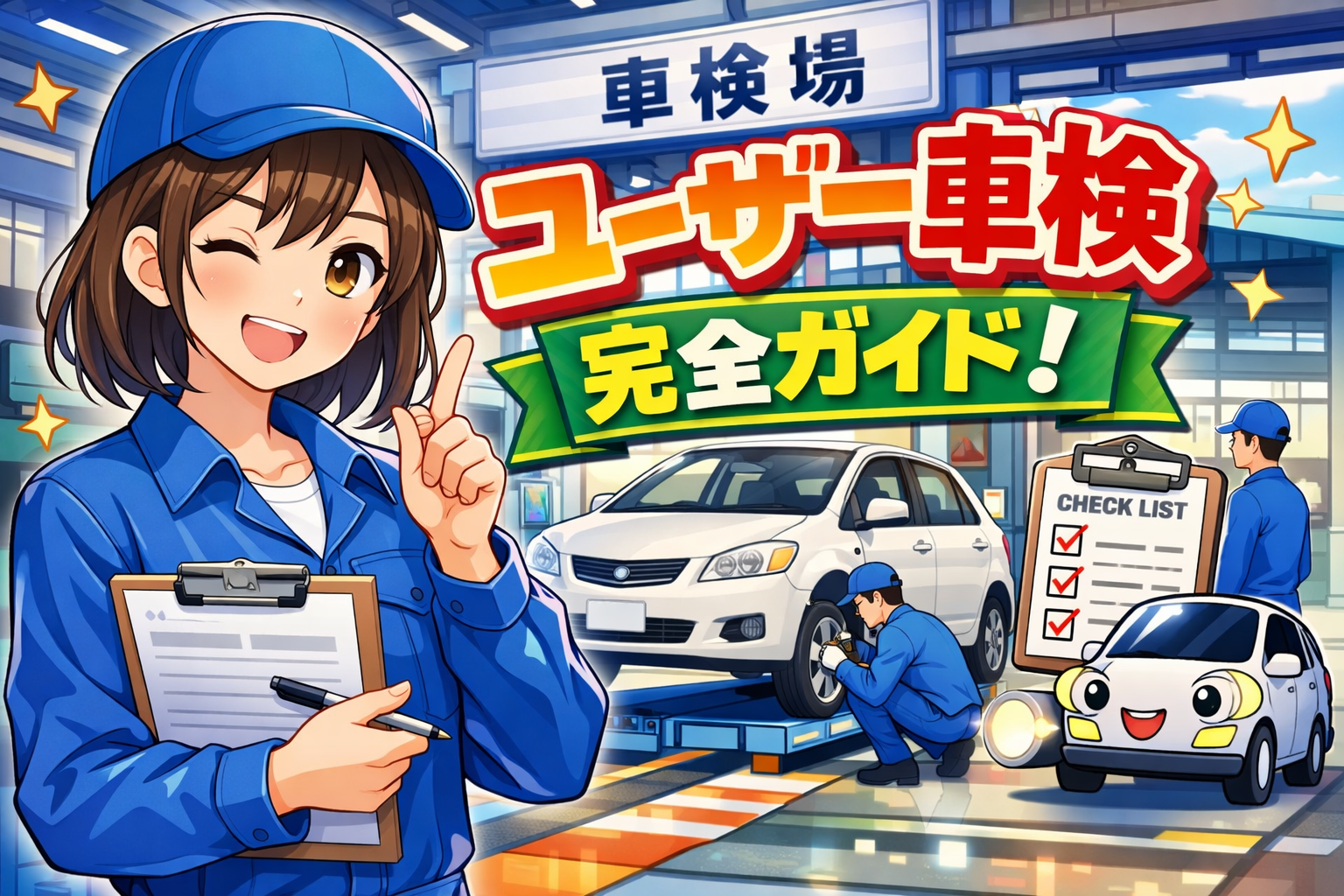 ユーザー車検 検査ラインの流れをわかりやすく解説したアニメイラスト（点検・チェック項目）